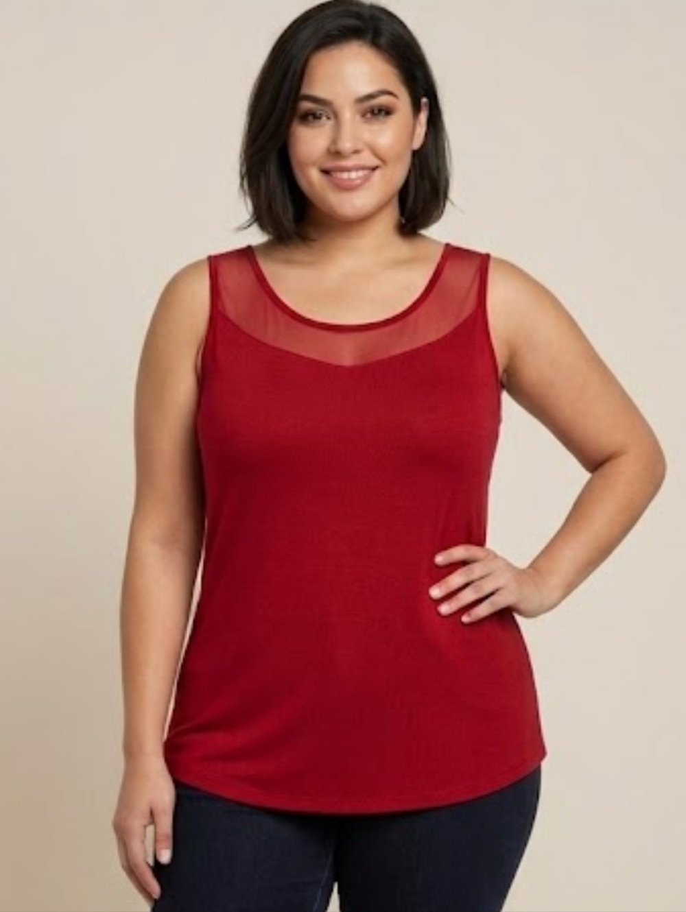 Red Mesh Neckline Camisole Top with Sleek Design, Plus Size 1X